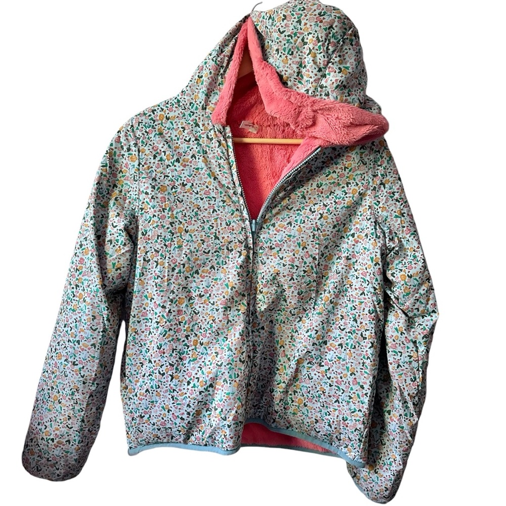 HANNA ANDERSSON Jacket Size 160 Girls Floral Reversible Pink Faux Fur Coat
